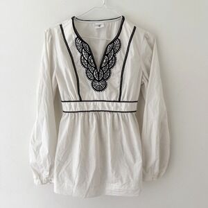 Y2K White Contrast Embroidered Babydoll Top Empire Waist Indie Sleaze Boho S